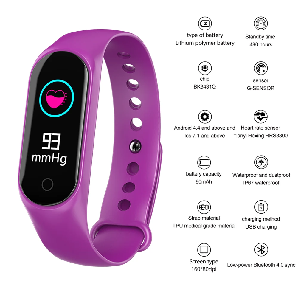 

Women Smarwatch M3S Screen IP67 fitness Tracker Blood Pressure Heart Rate Monitor Smart Watch For Android IOS Phone Purple