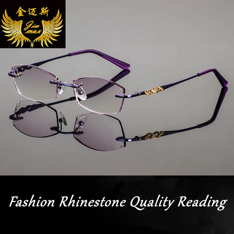 

New Design Fashion Woman's Rhinestone Rimless Reading Glasses Frame Purple Colour Women Style Presbyopia Glasses for Woman