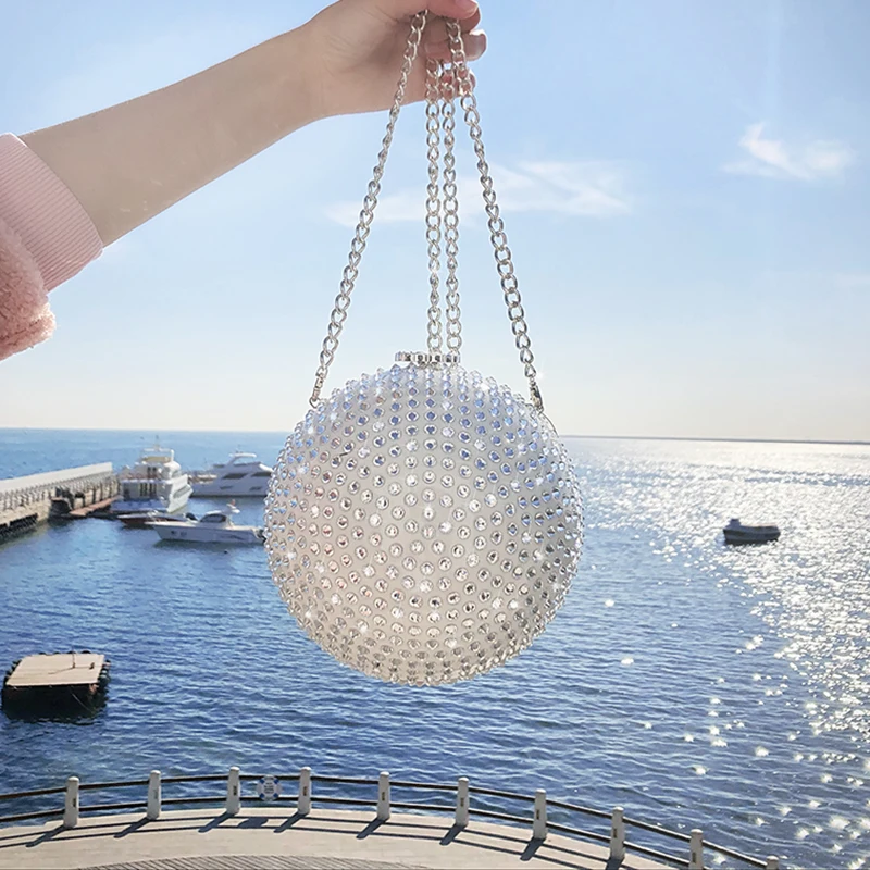 Белый Г. Новые Модные женские Хрустальный шар Pack Full Diamond Pearl Круглые браслеты плеча цепи Сумка для ужина женские - Цвет: Белый