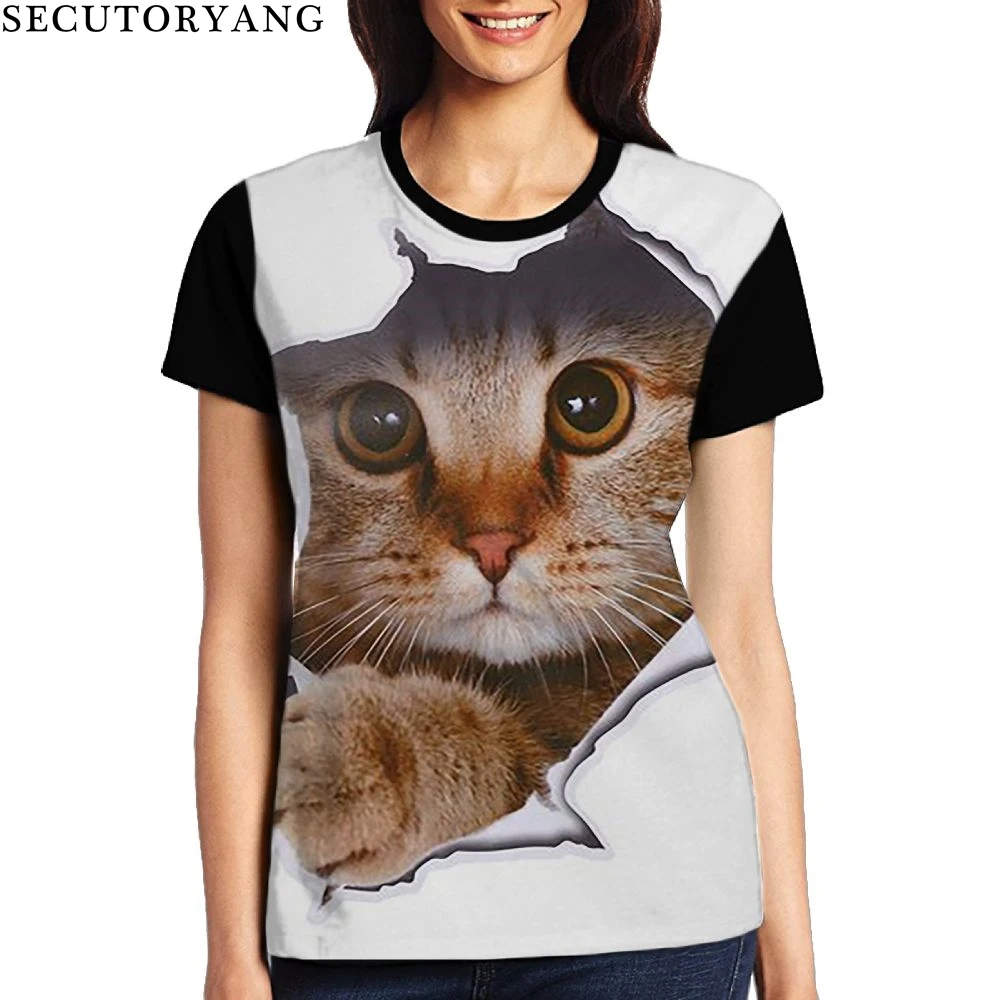 SECUTORYANG Lovely Animal Cat Brand Designer Women T Shirt Vintage Summer Top for Ladies Tee