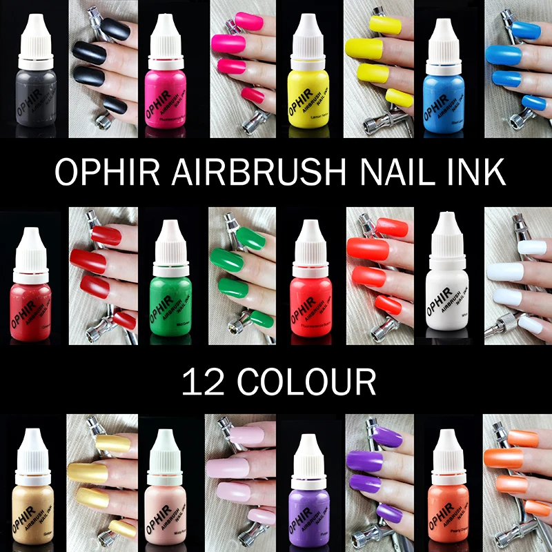 OPHIR 12 цветов Аэрограф для дизайна ногтей Чернила Аэрограф пигмент для ногтей трафареты живопись 10 мл/бутылка инструменты для ногтей_ TA098(1-12