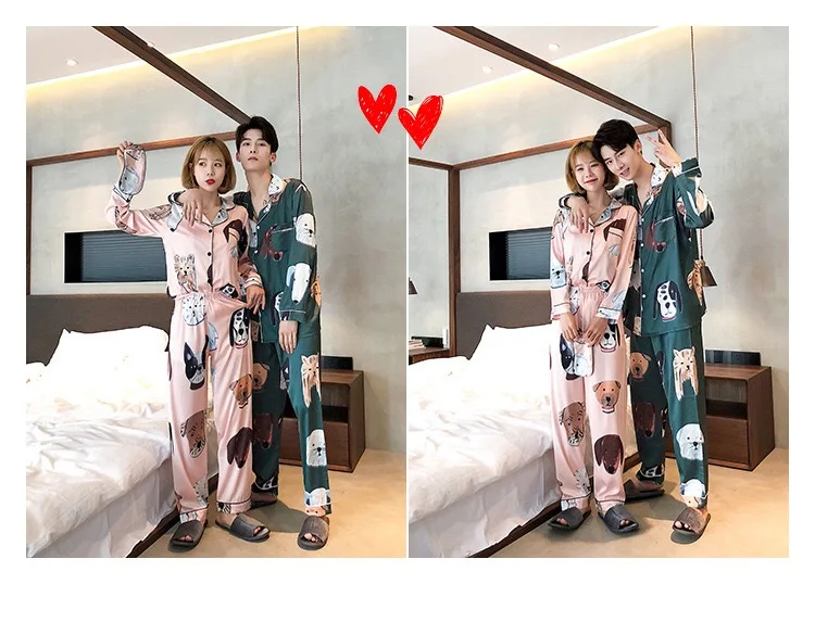 Пижамы для влюбленных, женская шелковая пижама с принтом собаки, Женская Поплиновая Пижама с отложным воротником, домашняя одежда