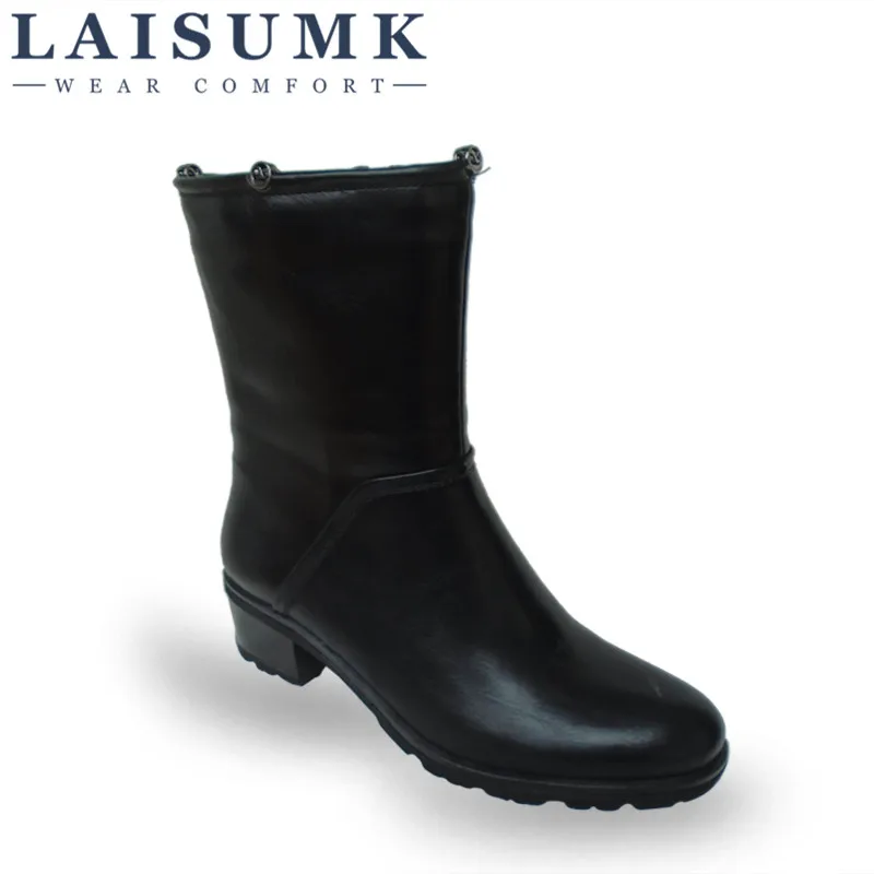2017 LAISUMK font b Women b font Leather Mid Calf Boots Woman Autumn Winter Warm Square