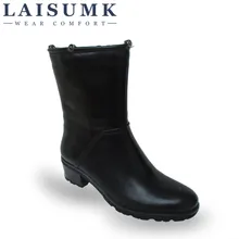 2017 LAISUMK Women Leather Mid Calf Boots Woman Autumn Winter Warm Square Heel Work Boots Ladies Low Heels Vintage Party Shoes