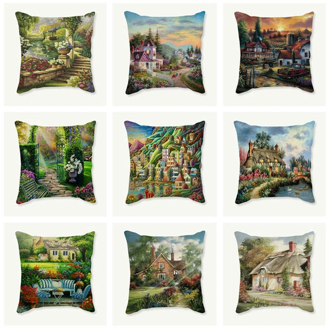 Cottage Villa Landscape Cushion Cover 40x40 Pillowcase Decorative Simple Villa Decorative Pillows Cottage Villa Landscape Cushion Cover 40x40 Pillowcase Decorative Simple Villa Decorative Pillows