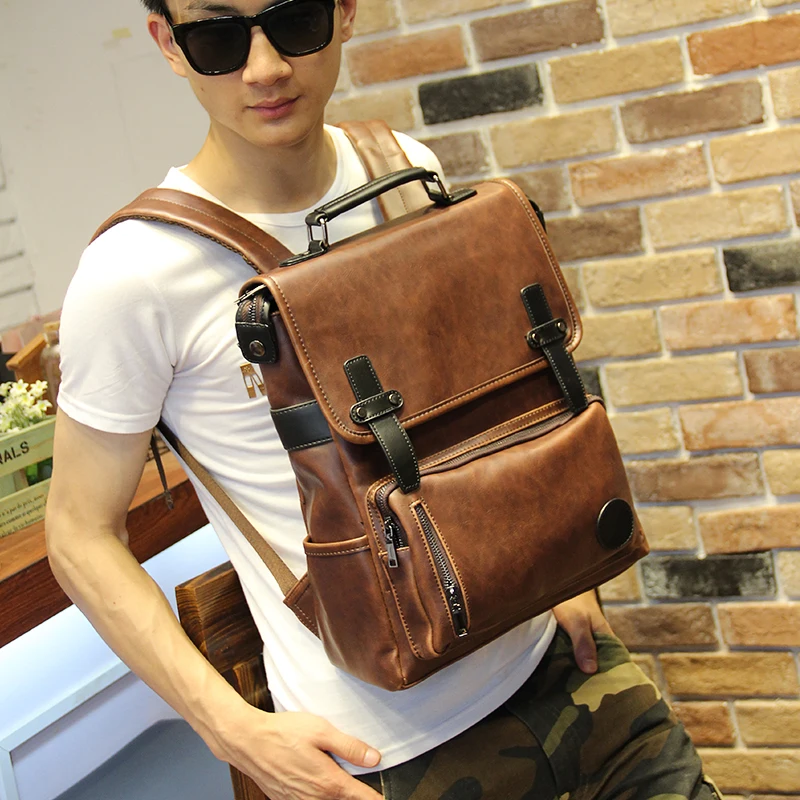 

Hot Sale Crazy Horse PU Leather Backpacks Western Style Fashion Bag For Men Laptop & Casual Travel Mochila Zip Casual Daypacks