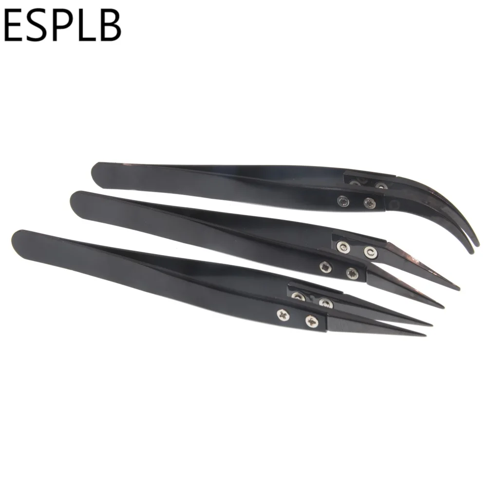 Precision Tweezers ESD Anti Static Tweezers Ceramic Tweezers Precision Black Ceramic Stainless Steel Curved Straight Tip Pointed Coil Heat Resistant Antistatic