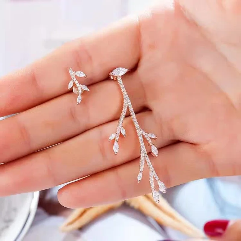 

YP335 Cute AAA Zircon Leaf Branches Stud Earring 925 Sterling Silver Crystal Simple Lucky Branch Women Wedding Jewelry