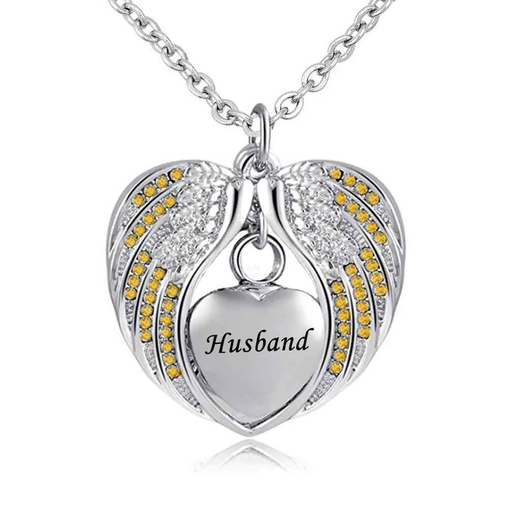 

Husband Angel Wing Urn Necklace for Ashes Cremation Memorial Stainless Steel Heart Keepsake Birthstone crystal Pendant Necklace