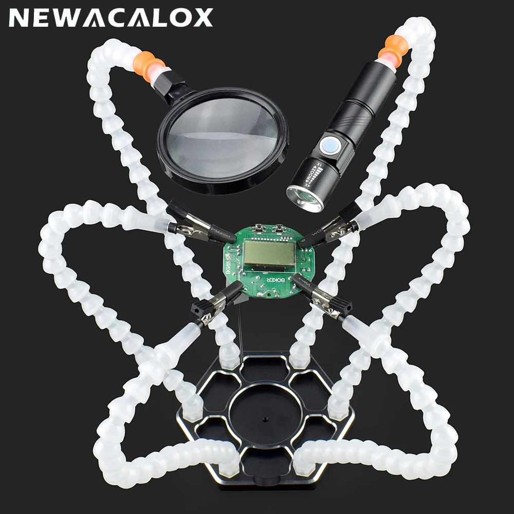 comprar NEWACALOX Terceira Mão De Solda PCB Titular Ferramenta Seis Braços Ajudando As Mãos com Carga USB Mini Lanterna LED de Ampliação Lente De Vidro