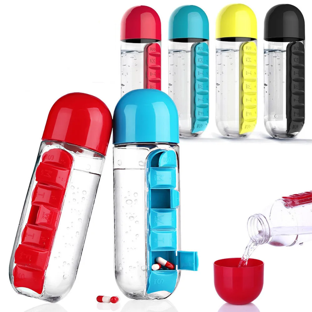 Portable Water Bottle Plastic BPA Free Daily Pill Box Leak-Proof Drinking O3P7