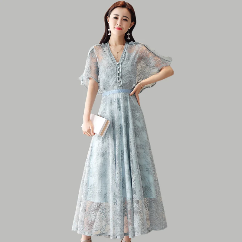 

Lace dress women 2019 Summer new temperament vintage Long dress Solid color V-Neck Butterfly Sleeve Ankle-Length dress women