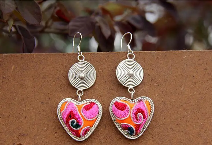 

Folk style jewelry handmade embroidery embroidered Heart Earrings Vintage Old Miao Silver Drop Earrings color random