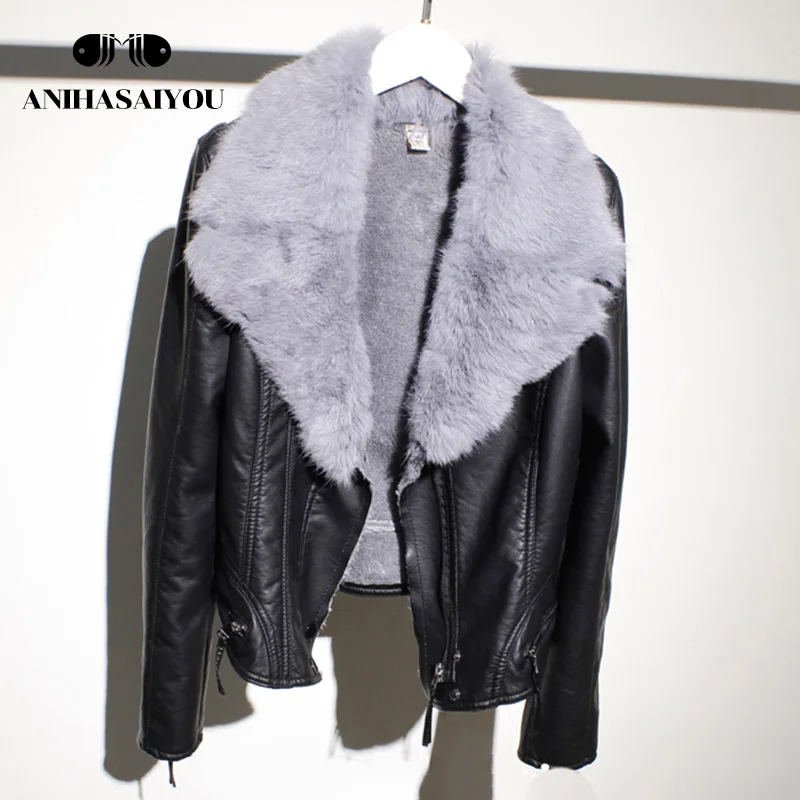 Faux leather jackets women short winter new Korean version of the rabbit real fur collar short plus velvet faux leather jackets