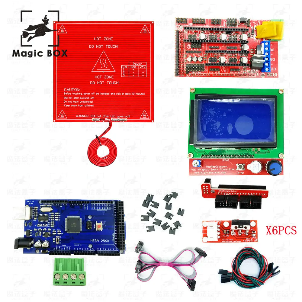 

CNC 3D Printer parts Kit RAMPS 1.4 Controller + LCD 12864 + 6 Mechanical Limit Switch Endstop+ Mega 2560 R3 + Heated Bed MK2B