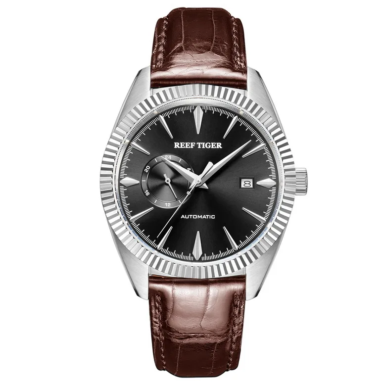 Reef Tiger RGA1616 мужские модные деловые часы Классический ремешок из телячьей кожи автоматические механические аналоговые наручные часы-серебро