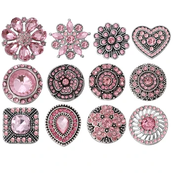 

10pcs/lot Mixed Pink Rhinestone Flower Styles Metal Charms 18mm 20mm Snap Button Jewelry For Snaps Bracelet DIY Snap Jewelry