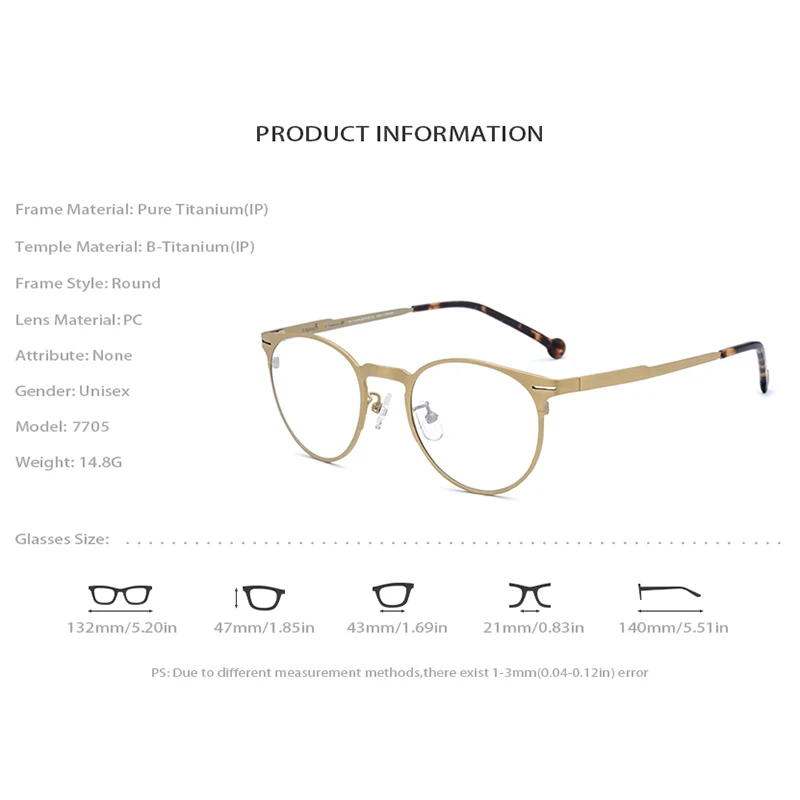 Optischen Frauen brown Licht Schwarzes Vintage Ultra gold grau Runde Reinem blau Männer Für 7705 Titan Rahmen Myopie rot Brillen wURq1t0