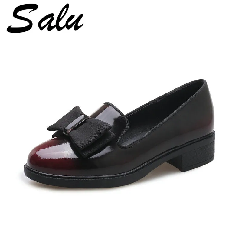 

Salu 2019 Quality Genuine Leather Leather Shoes Woman square Heels Leather Out sole Shoes Black Size 34-39