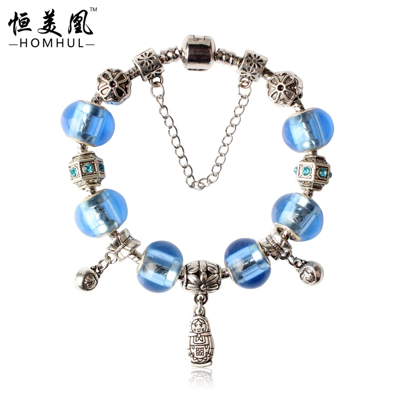 HOMHUL 2017 New Vintage Bracelets Bangles Silver Color Snake Chain Charm Pendant European Beads pulseraPDR77 | Украшения и
