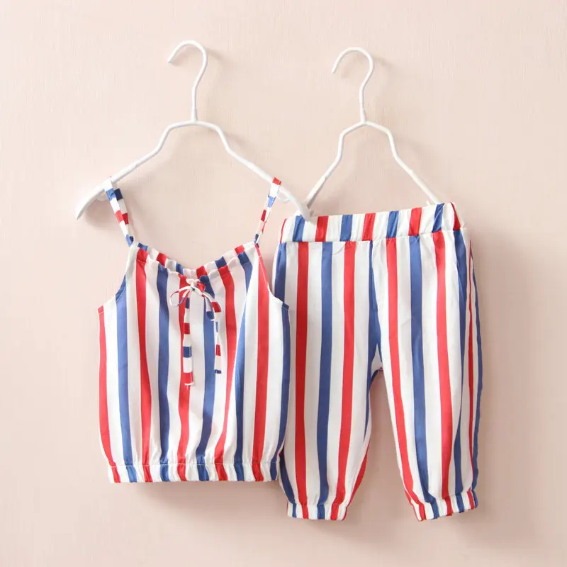 

2016 Brand Summer Girls Print Striped Sport Clothes Set Sling+Pants Clothes Set Girl School Summer Perform Lovely Clothing Set