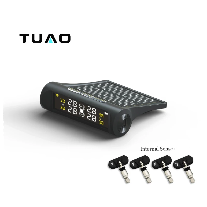 TUAO TPMS מערכת ניטור לחץ אוויר בצמיגי רכב אנרגיה סולארית מערכת אזעקה אוטומטית חיישן פנימי תצוגת LCD הצבעוני 4 כלי אבחון