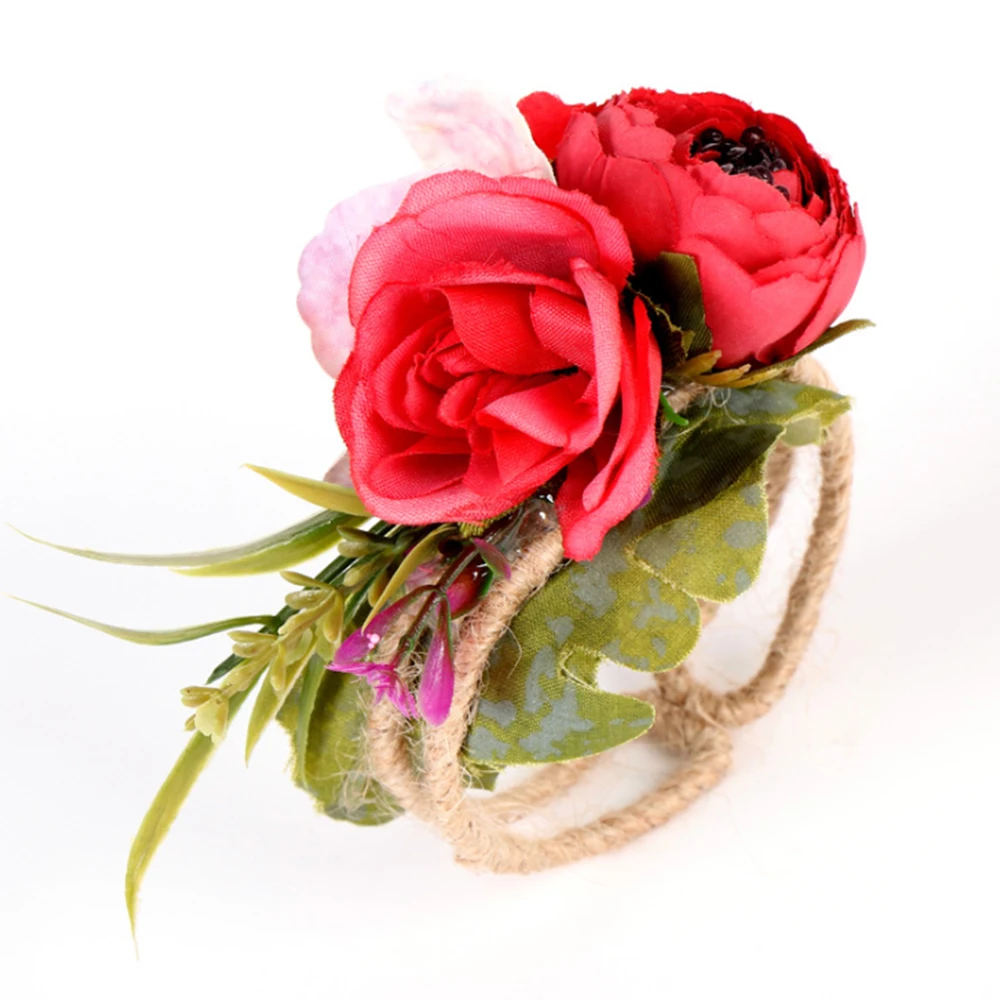 

Bride groom wedding corsages and boutonnieres rose flower elegant wrist bracelet Woven Straw Cuff Bracelet for Wedding Prom
