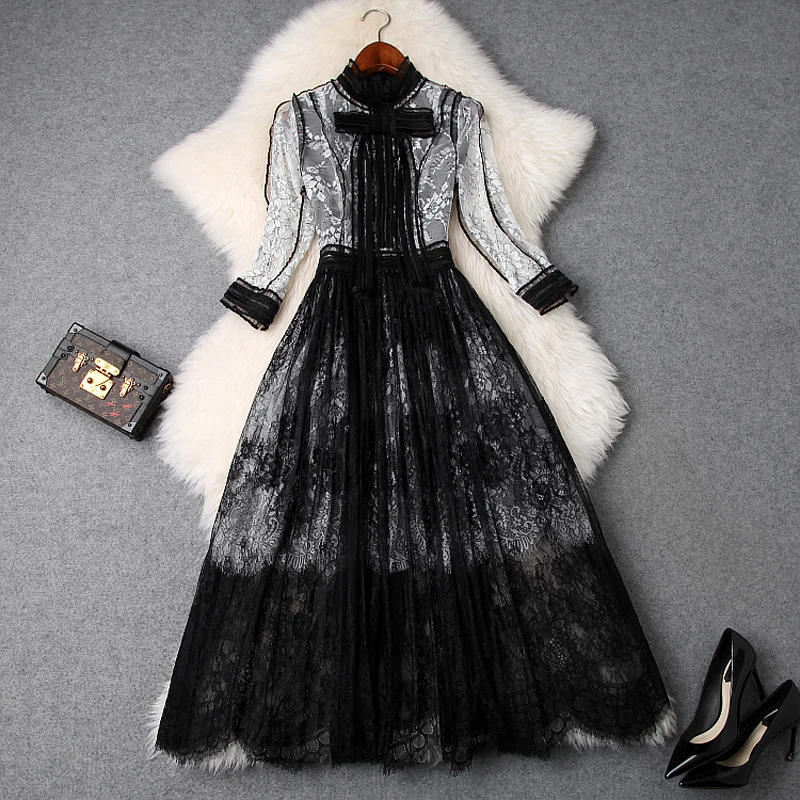 

Lace dress 2019 new high quality spring summer ladies Clothing Elegant Bow party Dress XL fashion Women Slim Casual long dresses