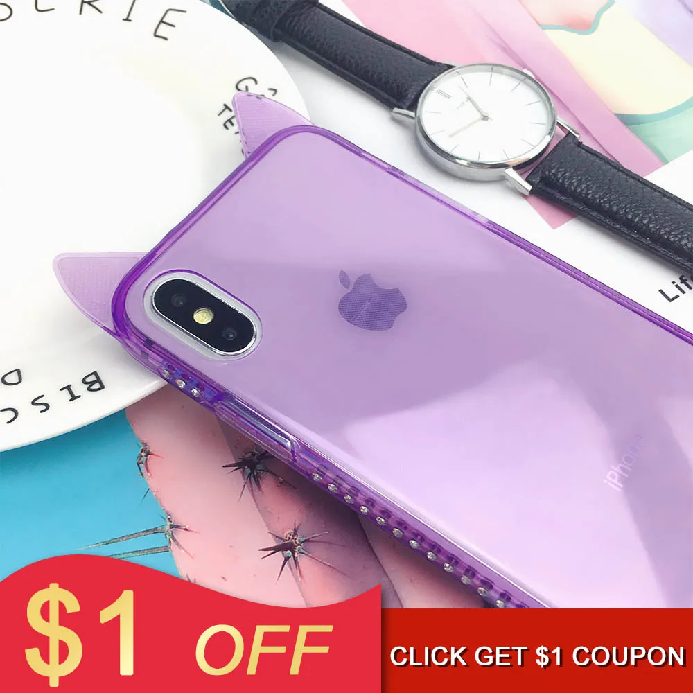 

PORTEFEUILLE cute luxury square Cat ears case for iphone 6 7 8 plus X XS XR XS MAX silicone transparent glitter 3d diamond cover
