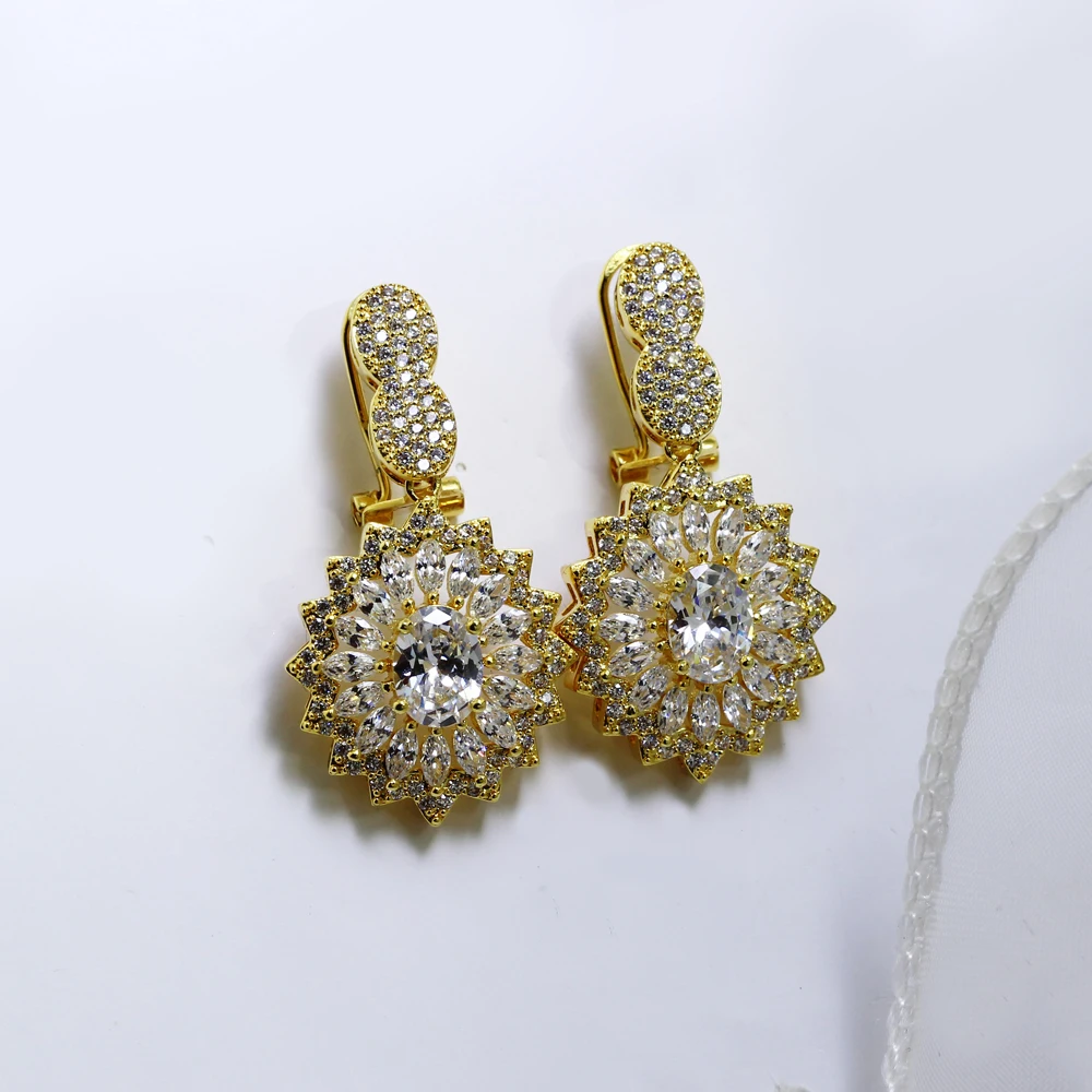 Big wedding jewelry women earrings shiny cubic zirconia crystal jewellery Gold-color large party earrings