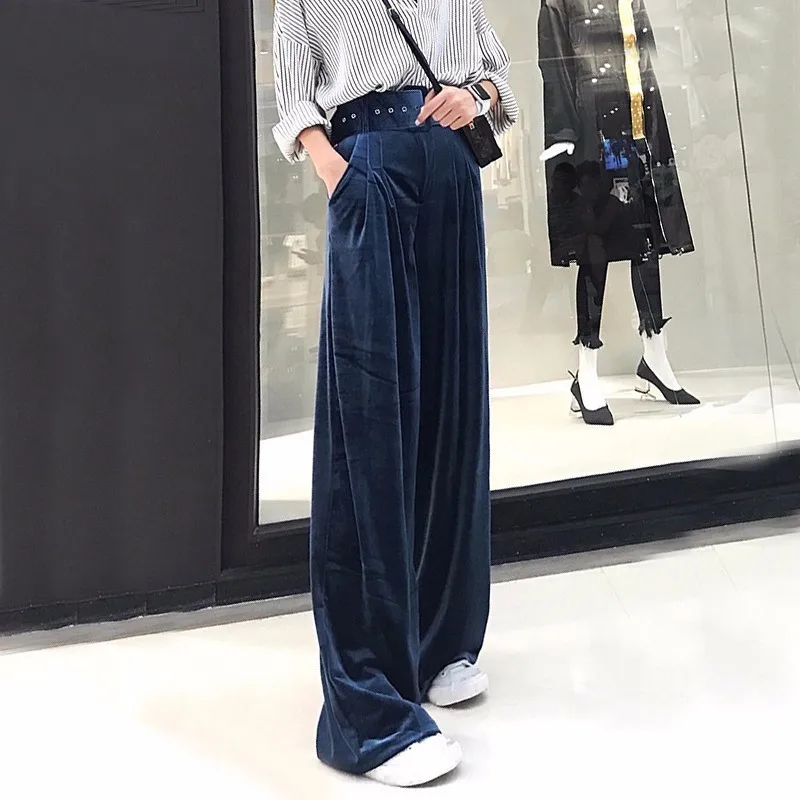 Kopen TWOTWINSTYLE Fluwelen Palazzo Wijde Pijpen Broek Vrouwen Hoge Taille Riem Tuniek Big Size Losse Broek Famale Herfst Winter Kleding