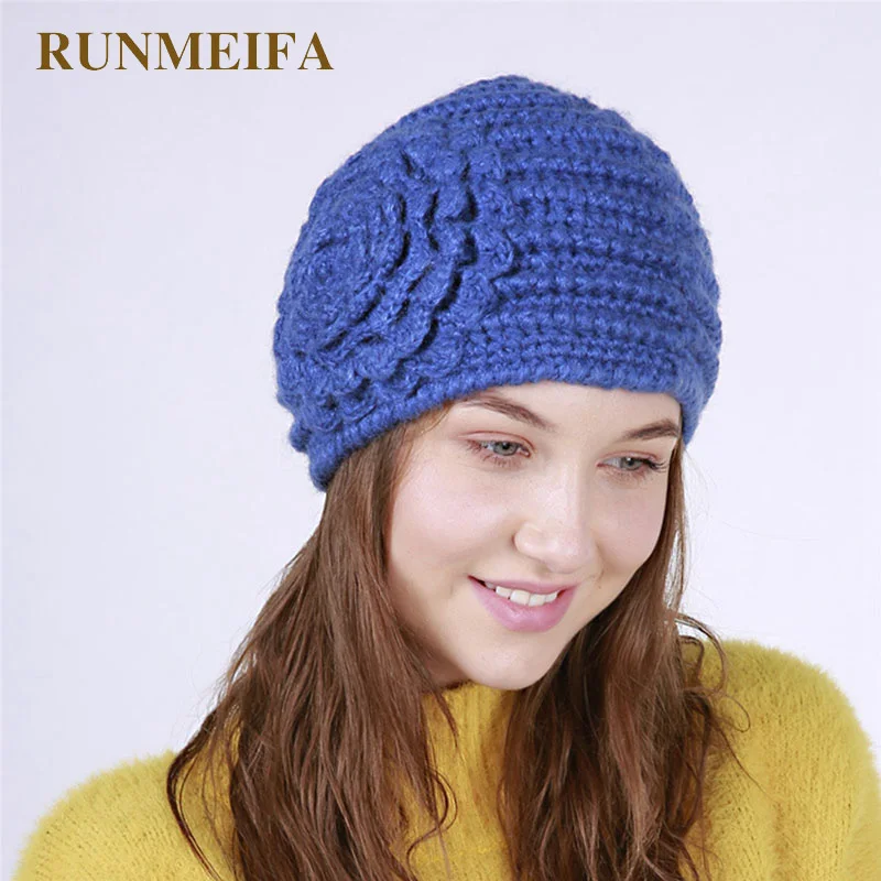 Runmeifa 2018 новые акриловые женщина Шапки с цветочным Kintted шапочки зима теплая шапка для Femme Капот Шапочка женский Повседневное шапки