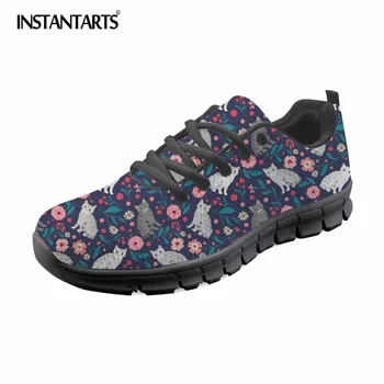 

INSTANTARTS American Shorthair Cat Flower Pattern Lace Up Flat Shoes Lightweight Air Mesh Sneaker Shoes Lady Casual Walking Shoe