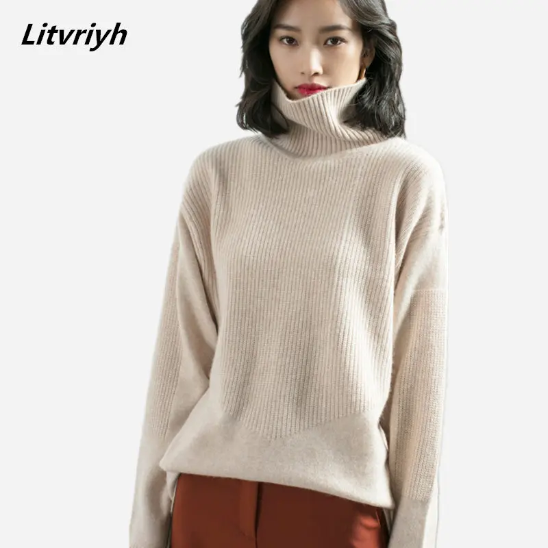 

Litvriyh Thick cashmere knitted sweater women sweaters and pullover long sleeve high neck rice female pullover women knitted top