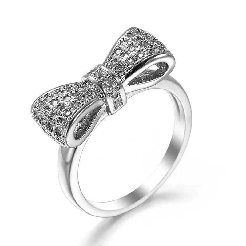 

2019 fashion sweet cubic zirconia ring silver bow wedding ring white crystal micro inlay men and women engagement girl gift