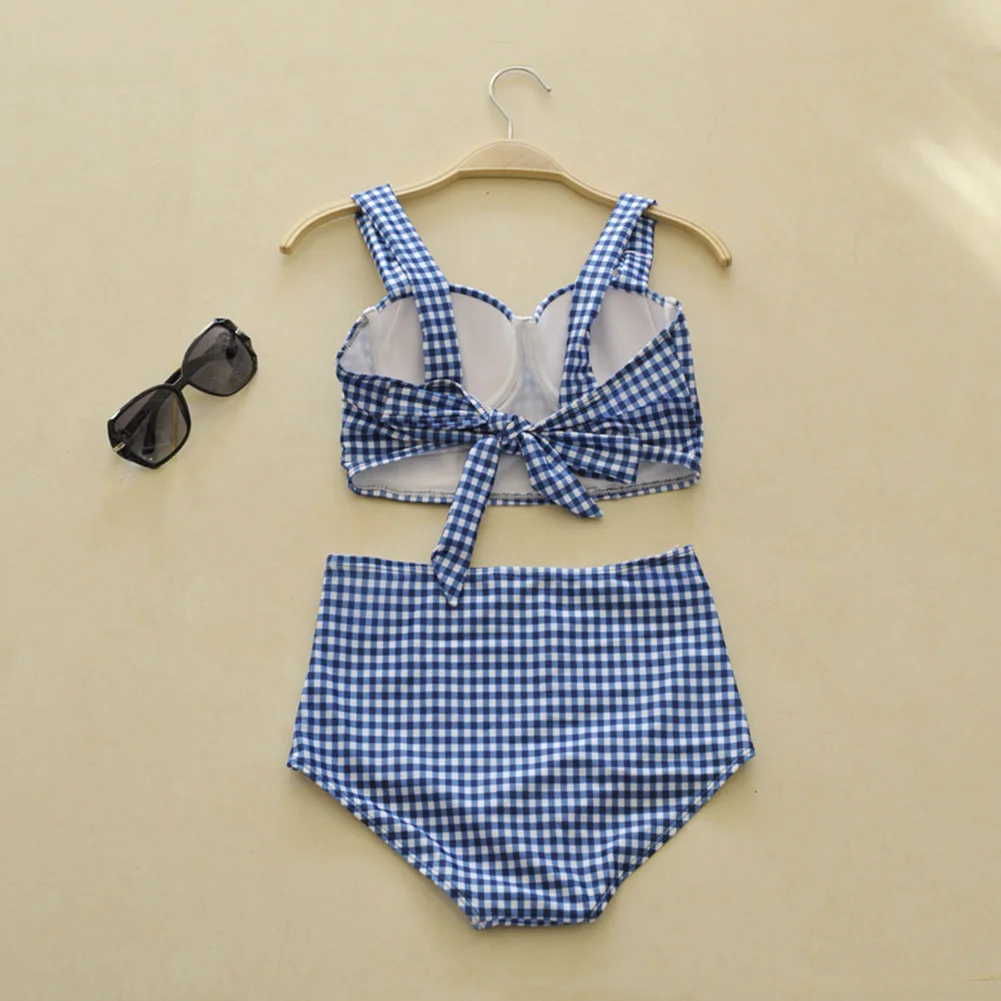 

Ladies Split Swimwear Set Grid Printed Bikini High Waist Briefs Swimsuits for Beach WHShopping