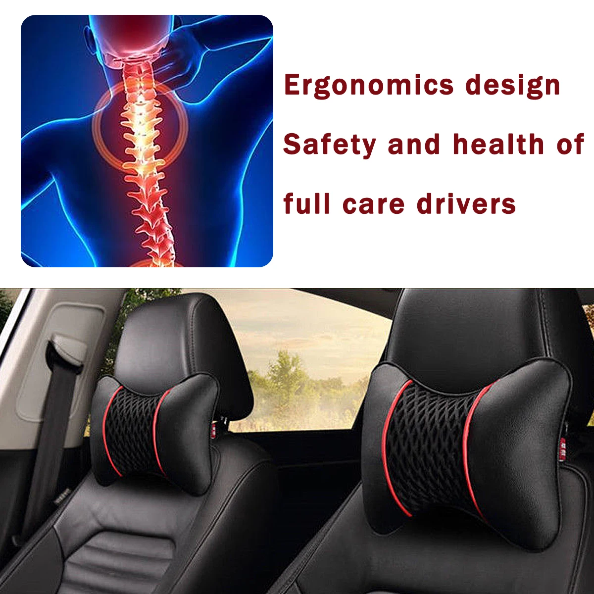  2Pcs PU Leather Knitted Car Pillows Headrest Neck Rest Cushion Support Seat Accessories Auto Black 