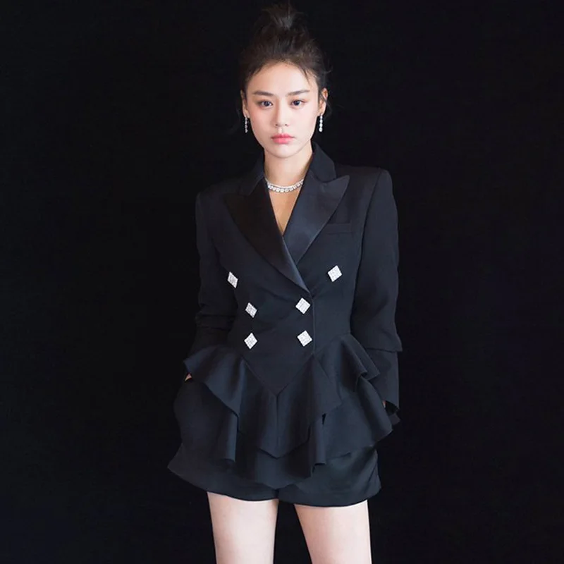Star of The Same 2019 Spring New Black Waist Show Thin Lotus Leaf Hem Small Suit Inverness Jacket Women Blazers and Jackets