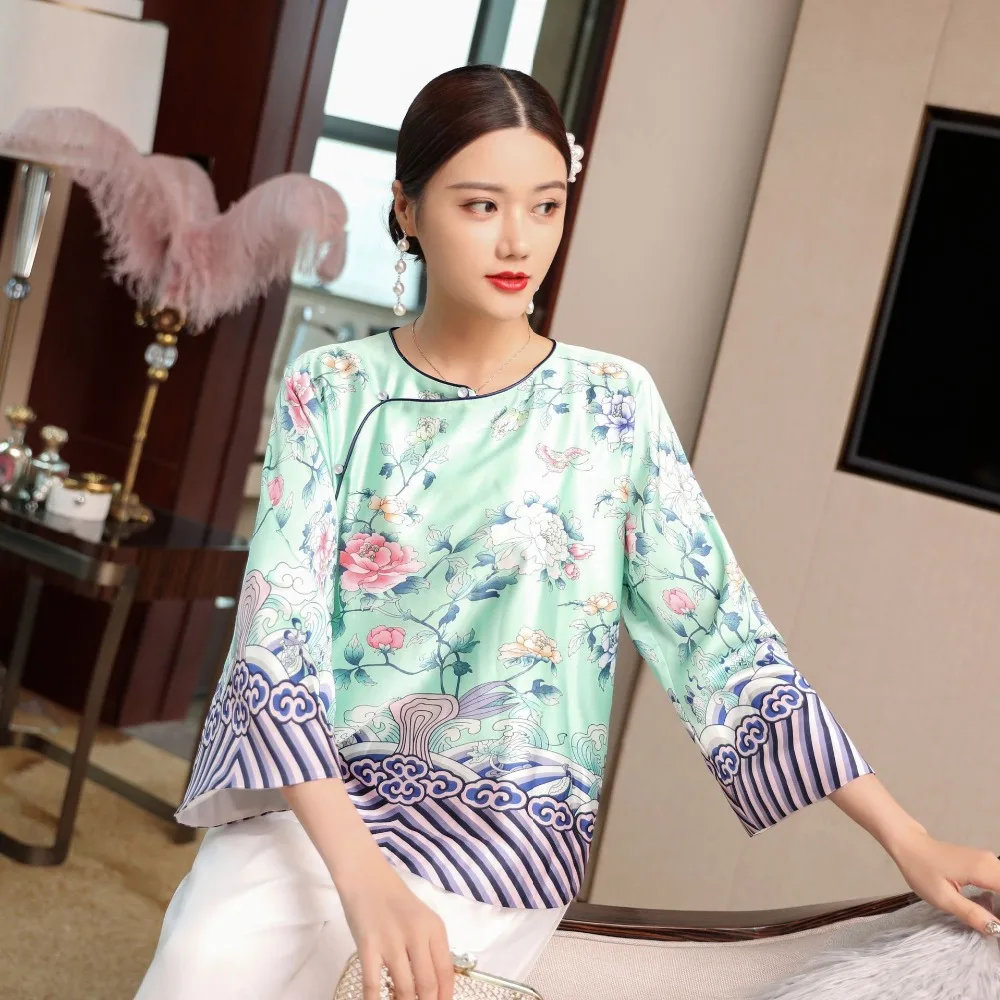 

Chinese traditional vintage print summer luxury women silk shirts