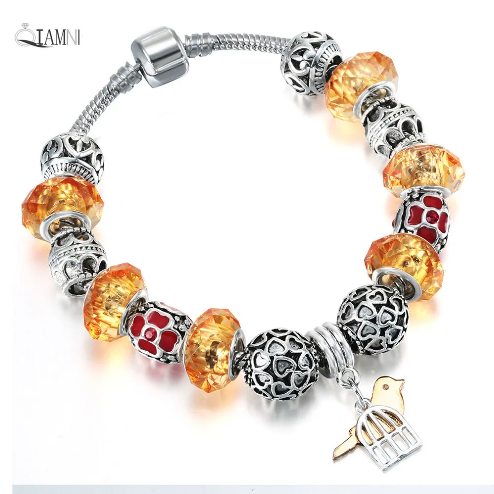 

QIAMNI DIY Jewelry Murano Yellow Glass Beads Bird Dangle Pendant Snake Chain Bracelets Bangles Women Christmas Birthday Gift