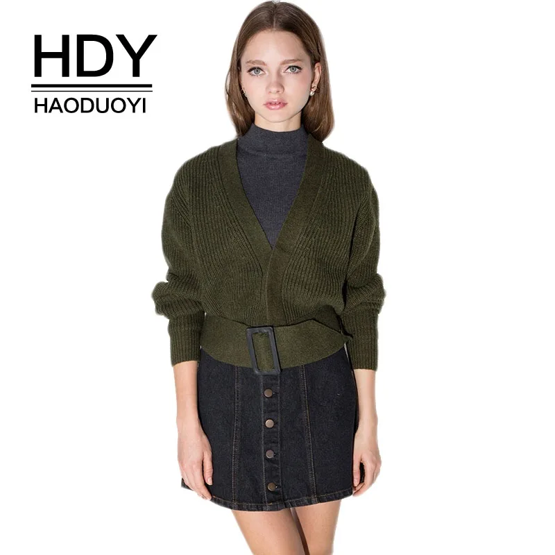 

HDY Haoduoyi Army Green Belted V Neck Cardigans Women Tops Winter Autumn Warm Coats Jumper Fashion Elegant Lady Outwears