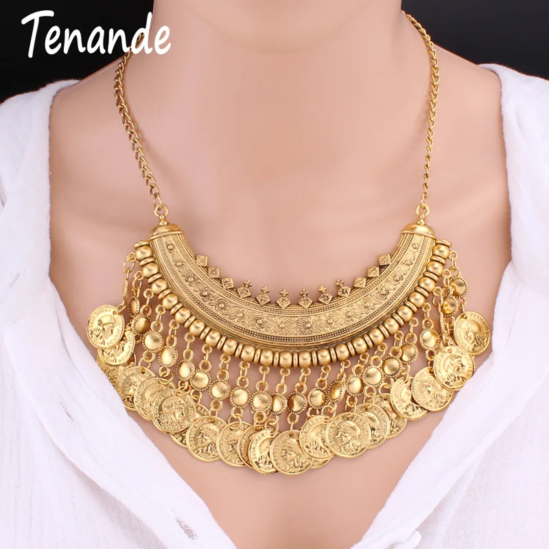 

Tenande Vintage Gypsy Multilayer Carved Necklaces Jewelry Women Bijoux Bohemia Metal Coin Tassels Choker Necklaces & Pendants