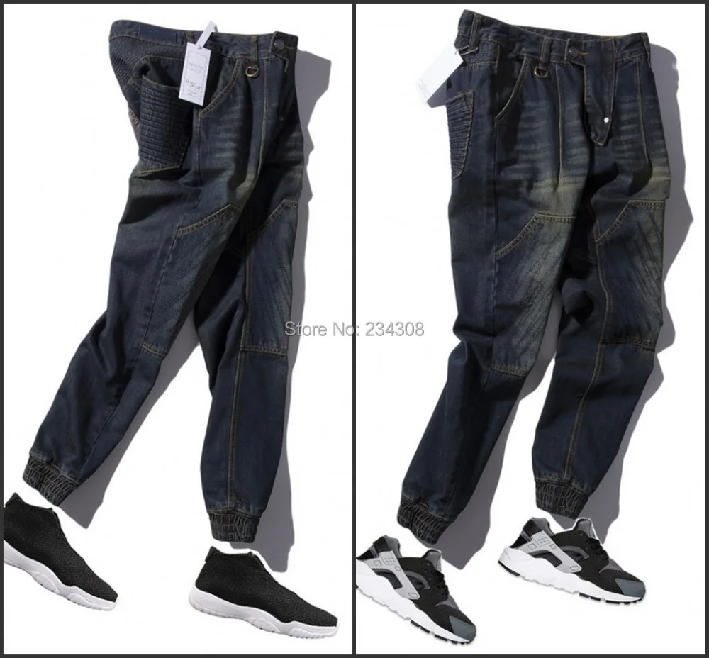 

3D clipping denim pants wash old trousers hip hop street clothing stripe design ankle-tied pants patch pockets jeans for man