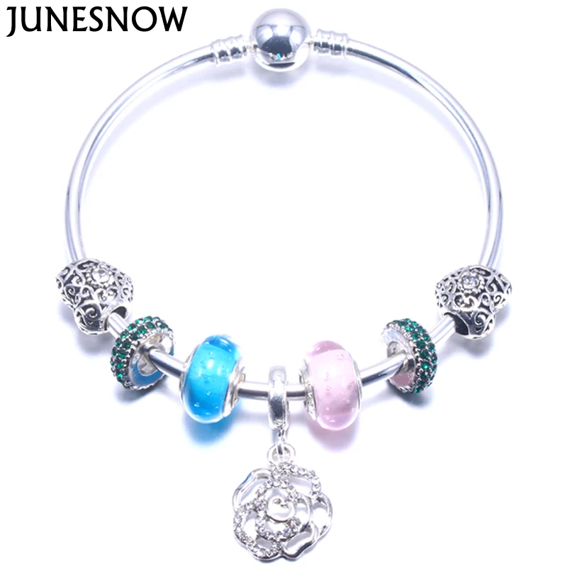 Женский браслет JUNESNOW серебряный с синими и розовыми бусинами из муранского