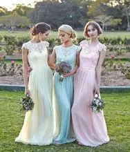 Lace and Chiffon Long Bridesmaid Dresses High Neck Cap Sleeve Mermaid Floor-Length Cheap Party Dress Gowns B87