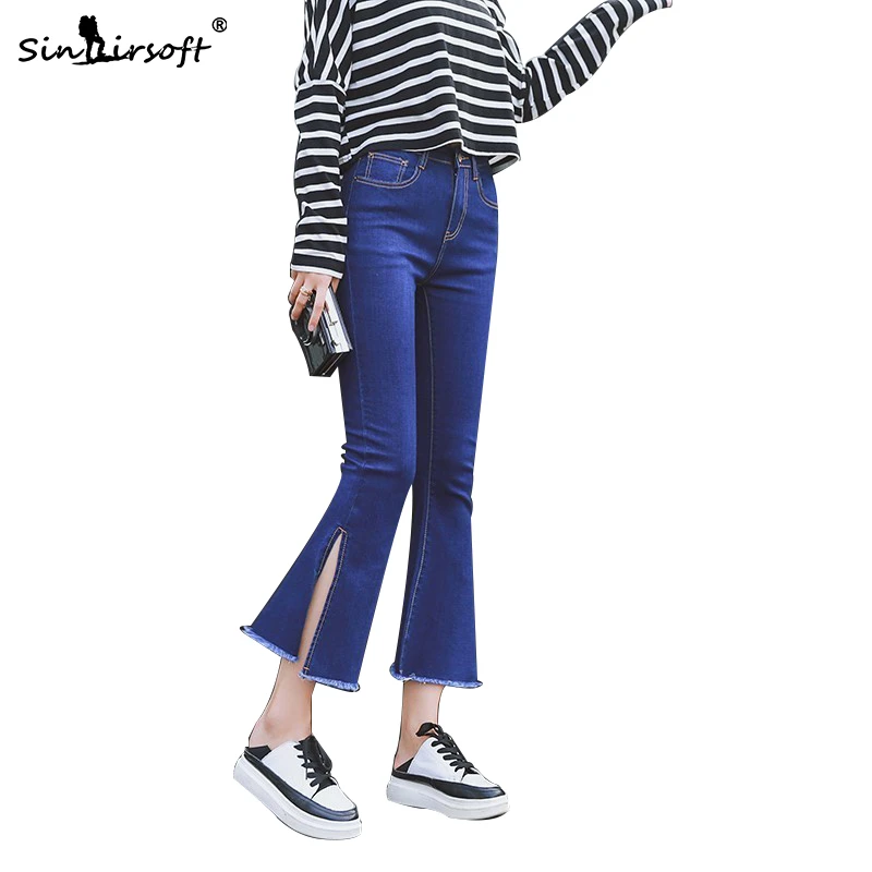 

Bell Bottom High Waist Skinny Flare Jeans Pants Women Vintage Split Side Stretch Slim Denim Trousers Female Sexy Wide Leg Jeans