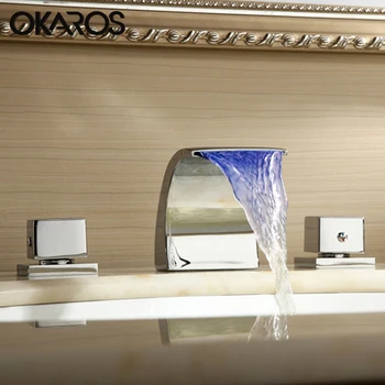 

OKAROS Bathroom LED Basin Faucet Waterfall Water Mixer Taps Chrome Finished 3 Changes Tap Mixer Crane Robinet Mixer Torneira