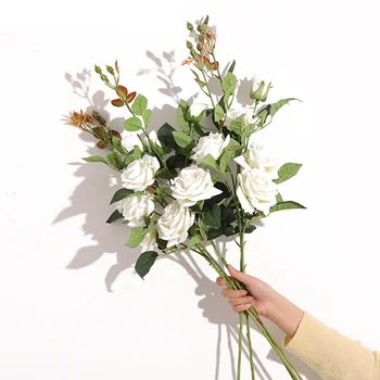 

1pc 90cm Long Stem 3 Head White Roses Artificial Flower Branch for Wedding Stage Backdrop Decoration Fake Silk Flowers