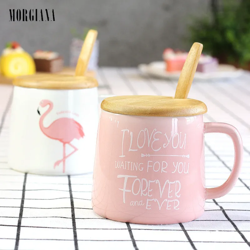 

MORGIANA Creative Wooden Spoon and Lid Personality Coffee Mug White Pink Office Drinkware Cup For Water Milk Juice Unique Gifts