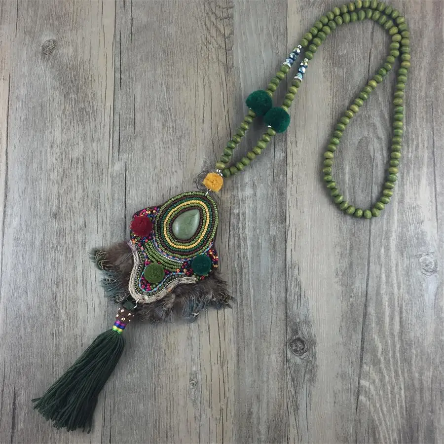 

New Boho Bohemian feather pendant necklace statement Wood Bead Pompom Necklace for women